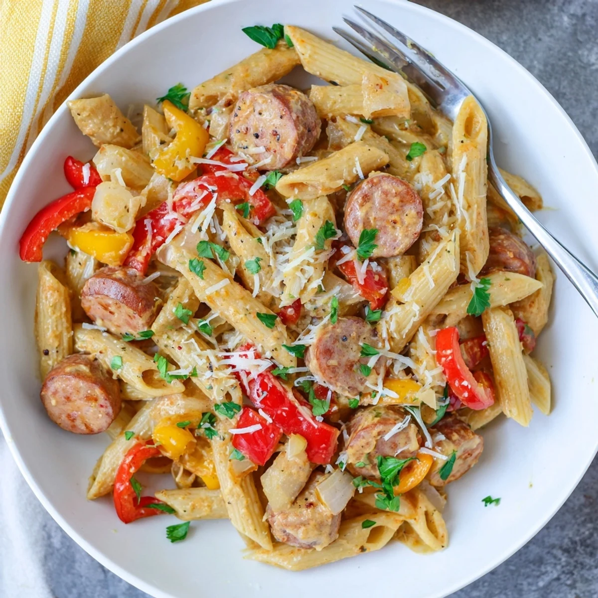 Creamy Cajun sausage pasta in a white bowl topped with fresh parsley and smoky sliced sausage.
