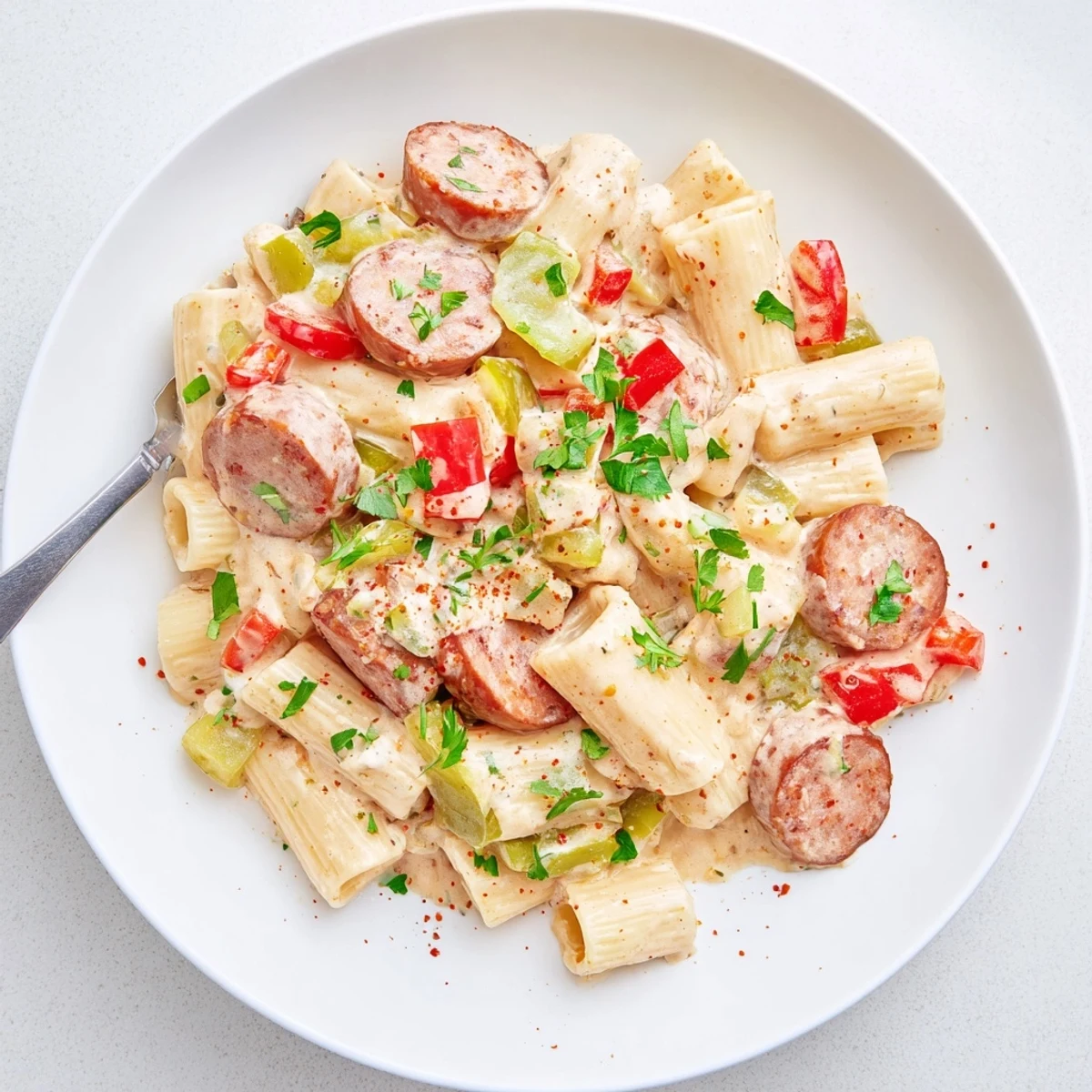 Creamy Cajun sausage pasta with tender penne in a rich spiced sauce topped with Parmesan cheese