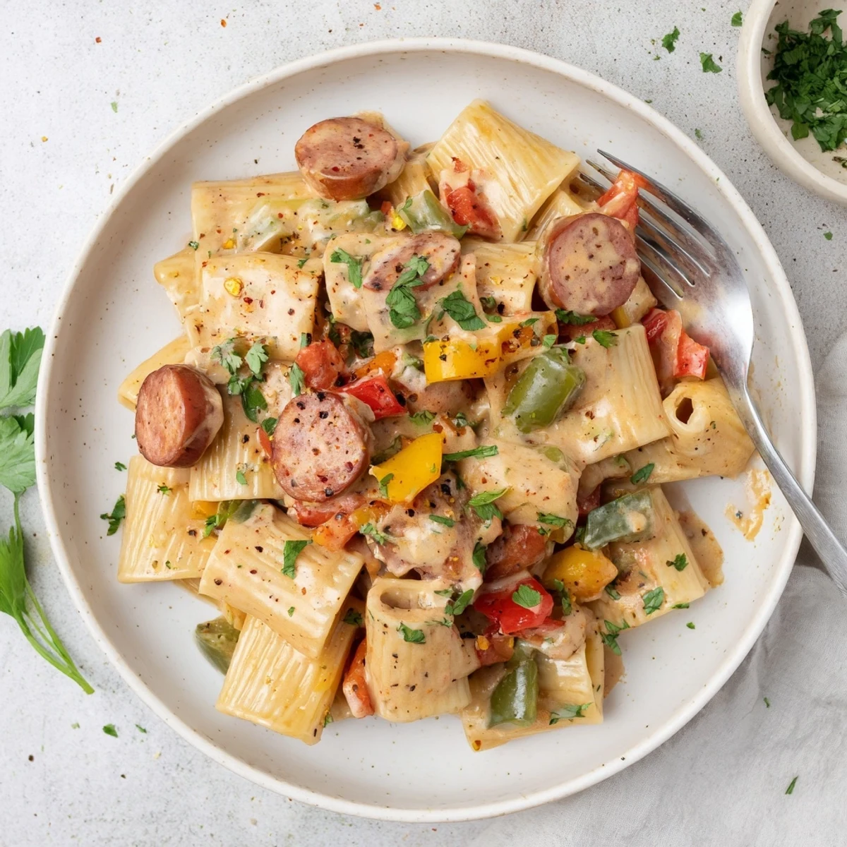 One pot spicy Cajun sausage pasta featuring colorful bell peppers and sliced sausage in velvety cream sauce