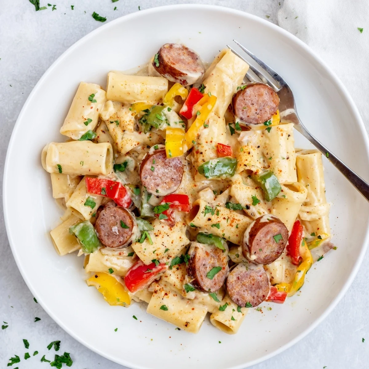 Savory Cajun sausage pasta dish with al dente rigatoni swimming in a thick cheesy seasoned sauce