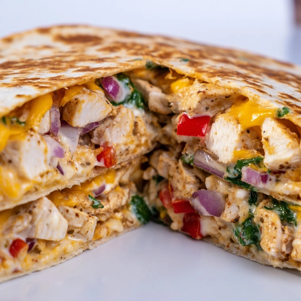 Sliced wedges of high protein chicken ranch quesadilla served with dipping sauces on plate