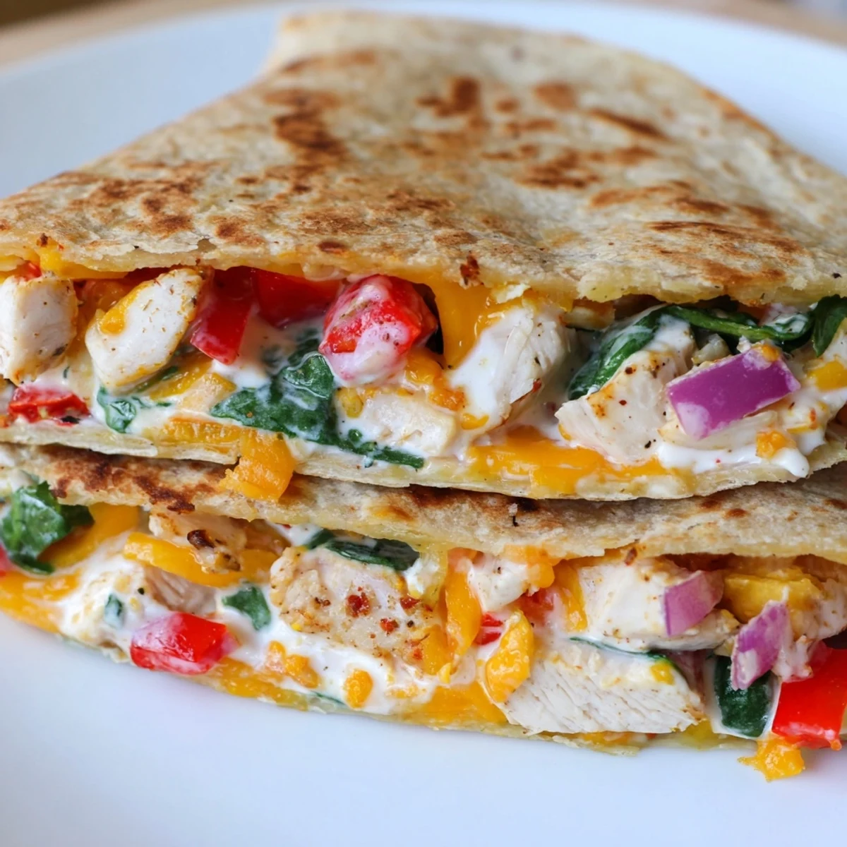 Golden brown high protein chicken ranch quesadilla with melted cheese and colorful vegetables