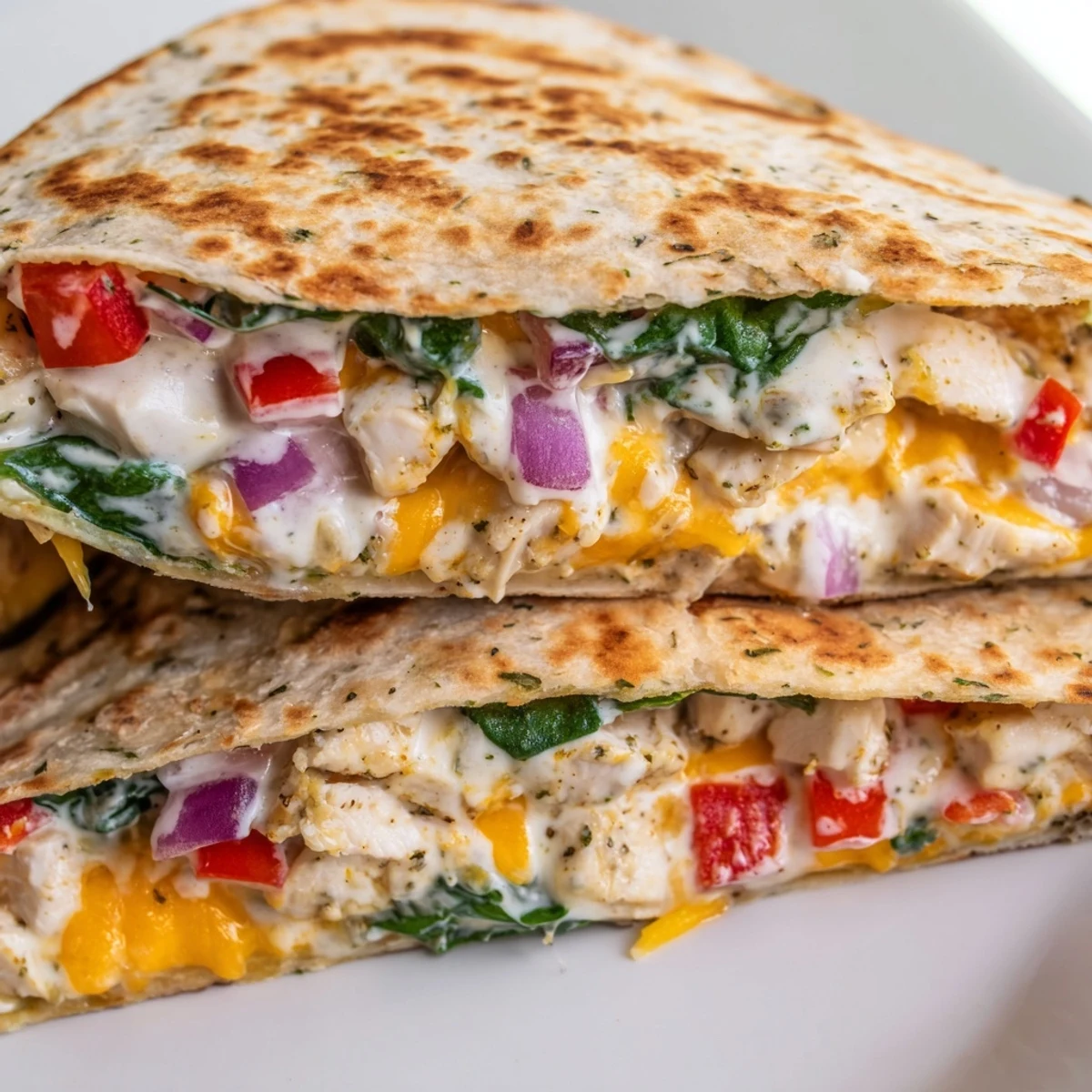 Savory high protein chicken ranch quesadilla filled with seasoned chicken peppers and spinach