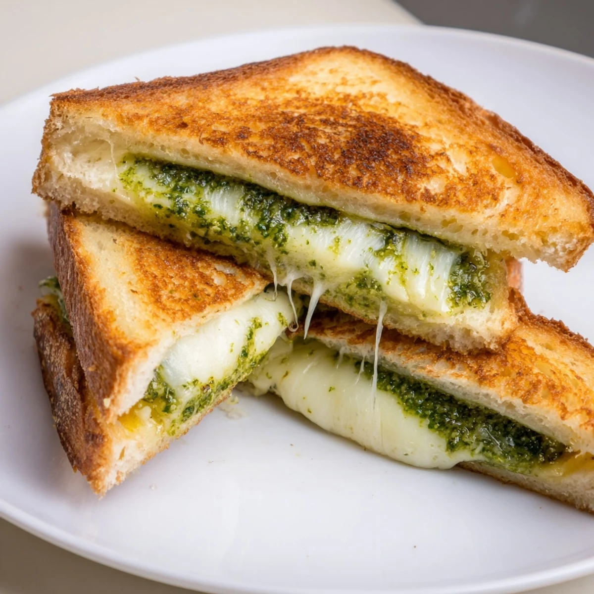 Crispy sourdough pesto grilled cheese with gooey cheese layers sliced diagonally for serving