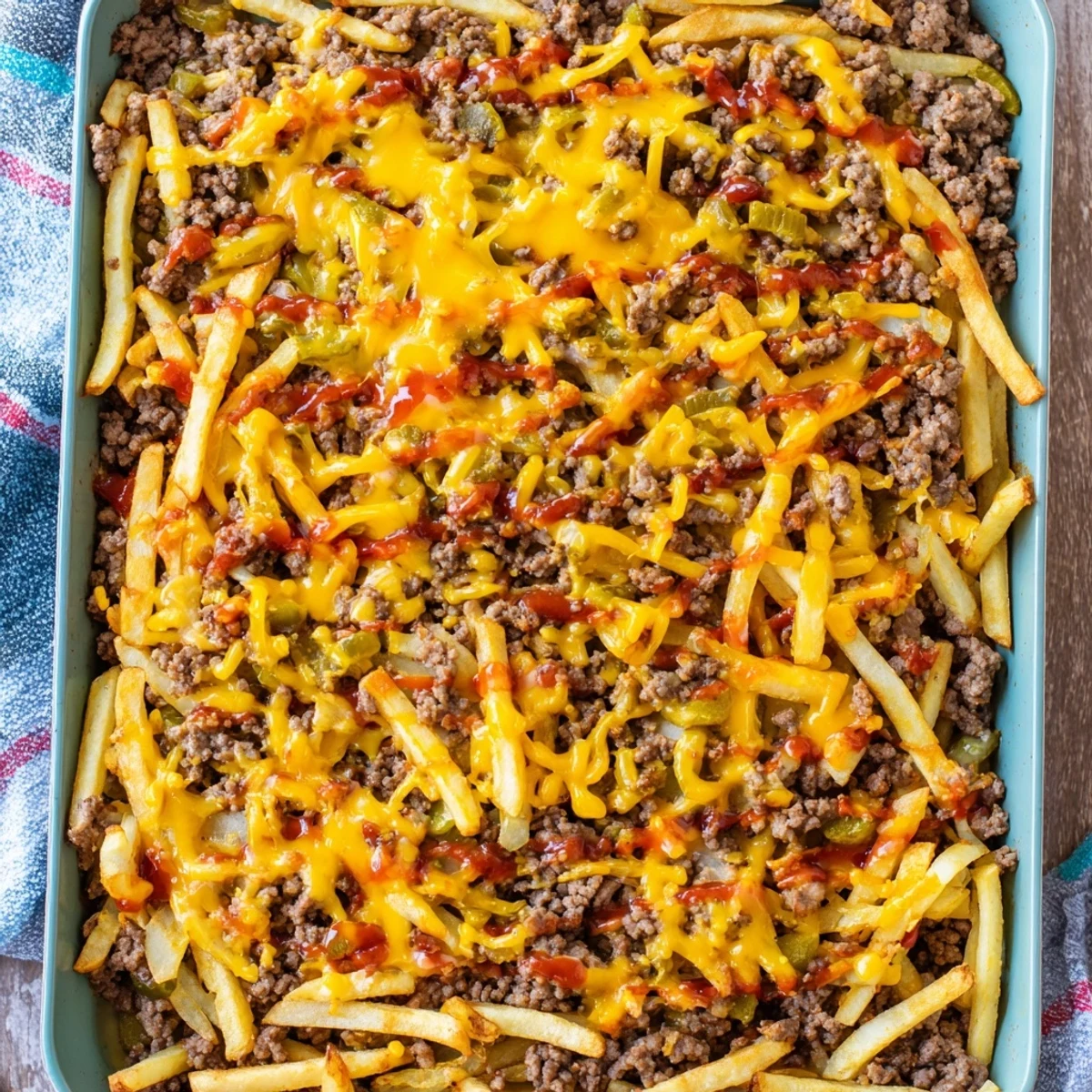 Bubbling beef and cheese filling supports a layer of golden fries on this cheeseburger French fry casserole