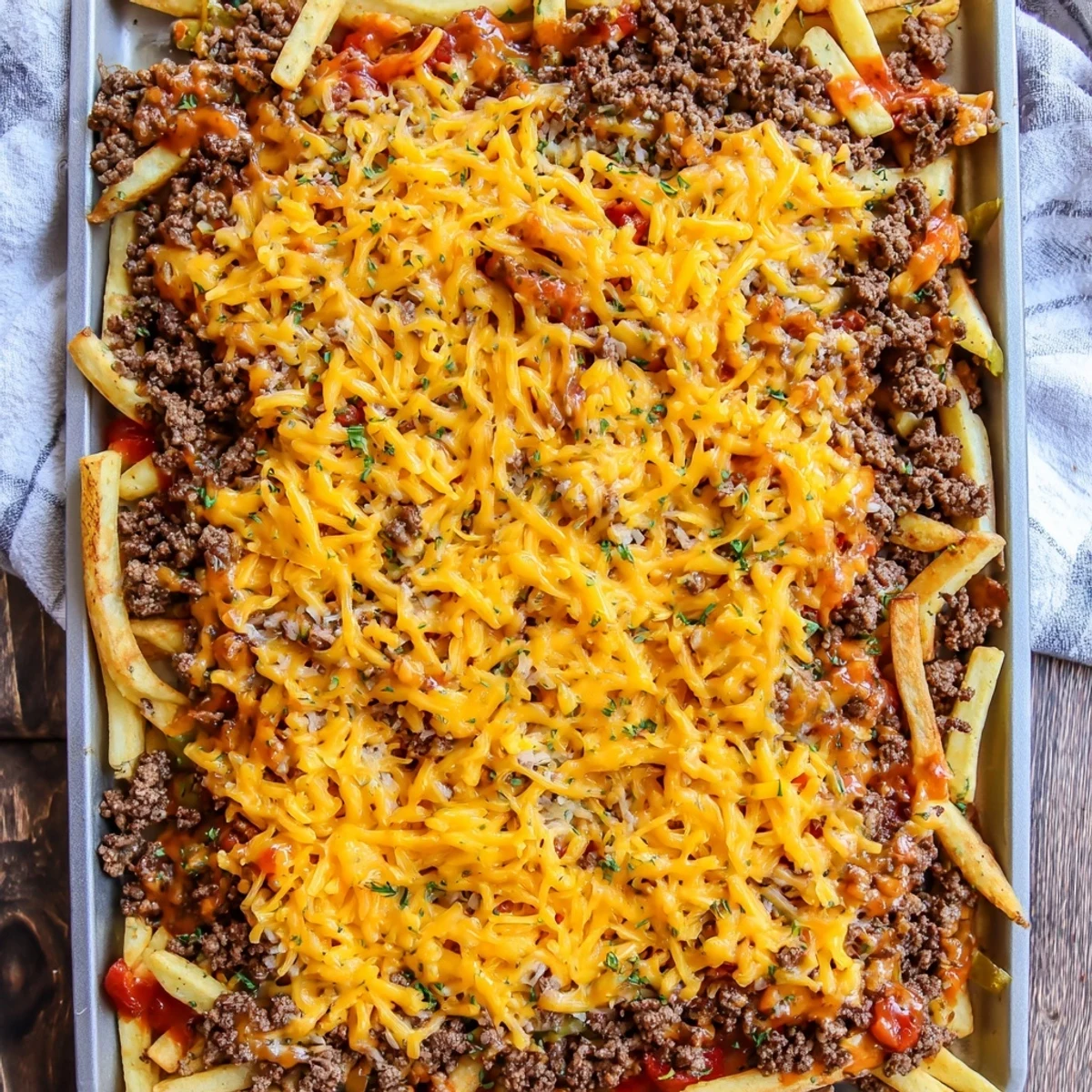 Golden crispy French fries crown this hearty cheeseburger French fry casserole topped with melted cheddar cheese