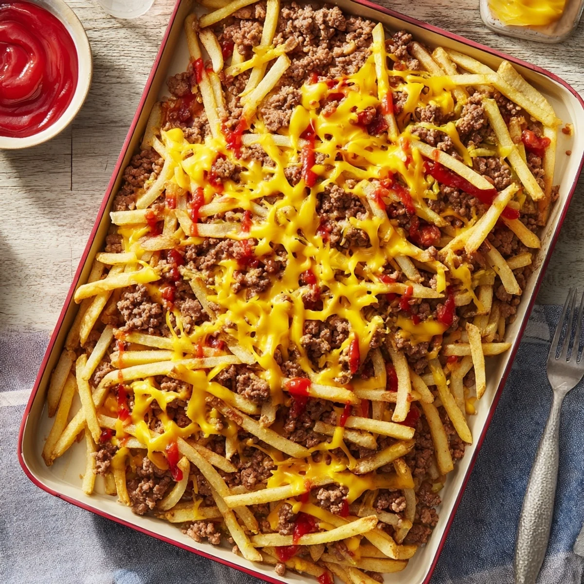 Crispy oven-baked French fries blanket a savory beef base in this indulgent cheeseburger French fry casserole