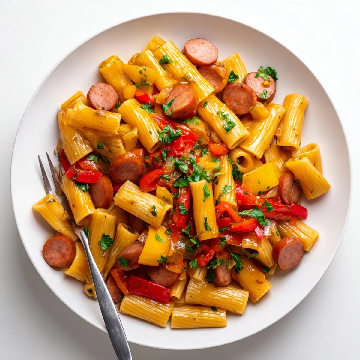 Golden sticky honey garlic sausage pasta skillet served with fresh parsley garnish in a cast iron pan