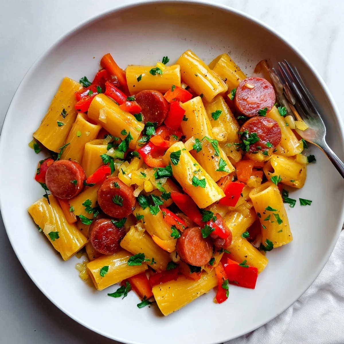 Comforting one-pan honey garlic sausage pasta skillet featuring tender noodles and caramelized meat glaze