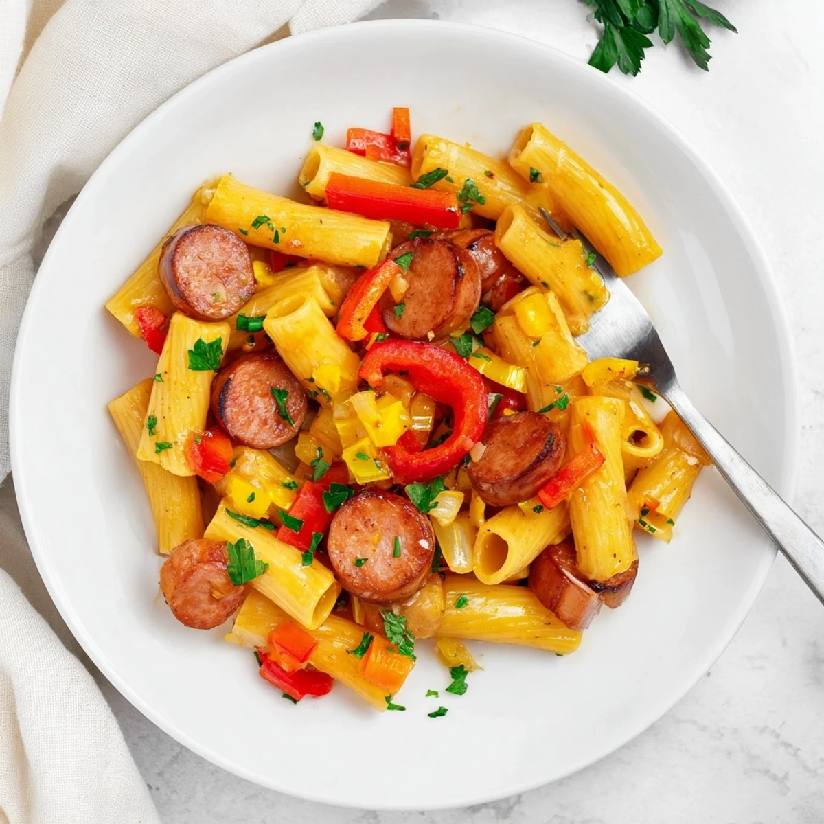 Juicy smoked sausage and penne pasta coated in glossy honey garlic sauce with red bell peppers