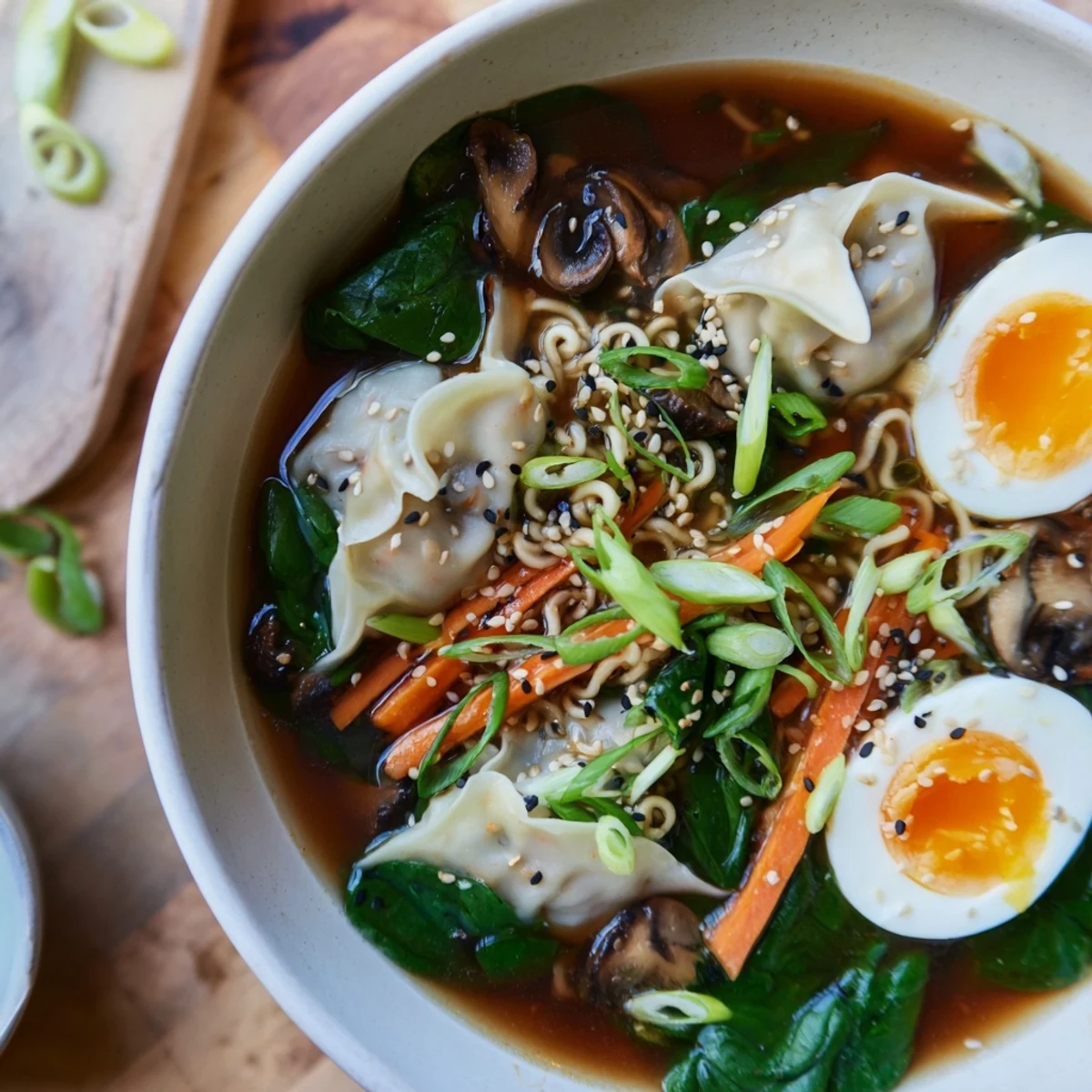 Steaming bowl of dumpling ramen featuring tender pork dumplings in savory miso broth with fresh spinach