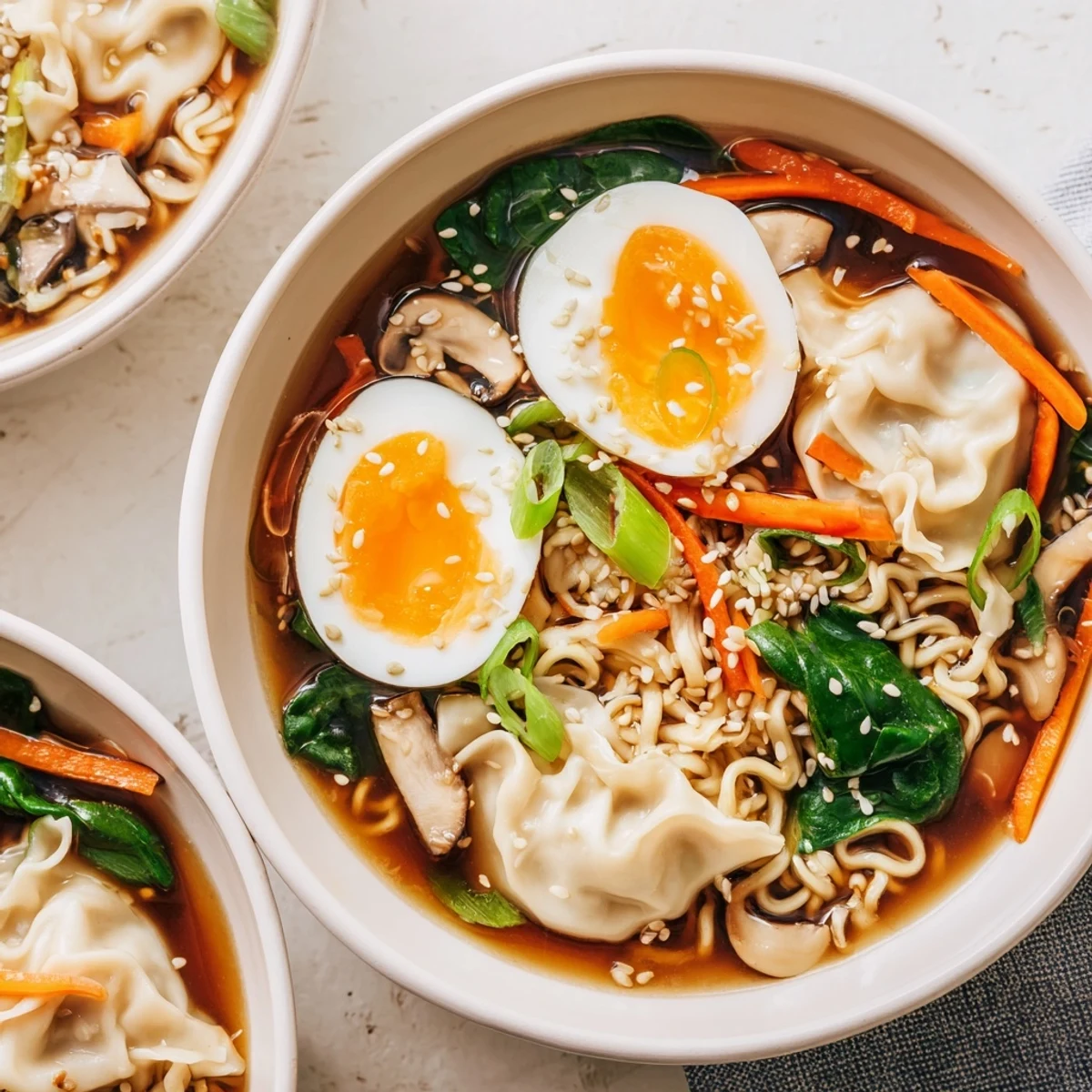 Rich Asian fusion noodle soup with floating vegetable dumplings, sliced mushrooms, and soft-boiled egg garnish