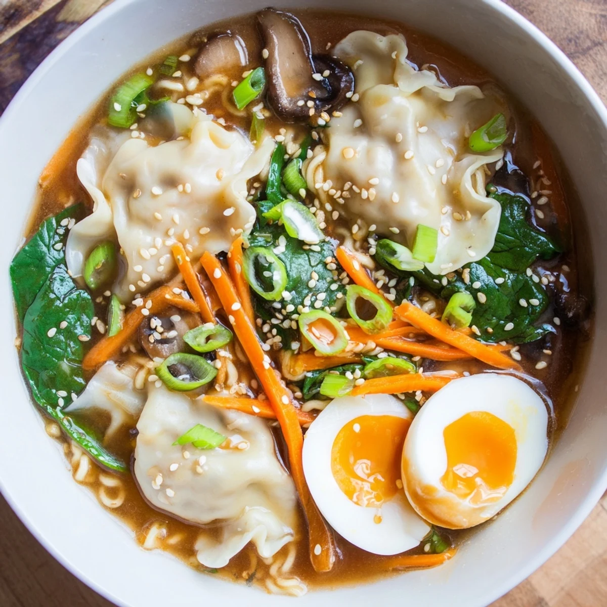 Comforting homemade dumpling ramen bowl with springy noodles, julienned carrots, and aromatic sesame-seasoned broth