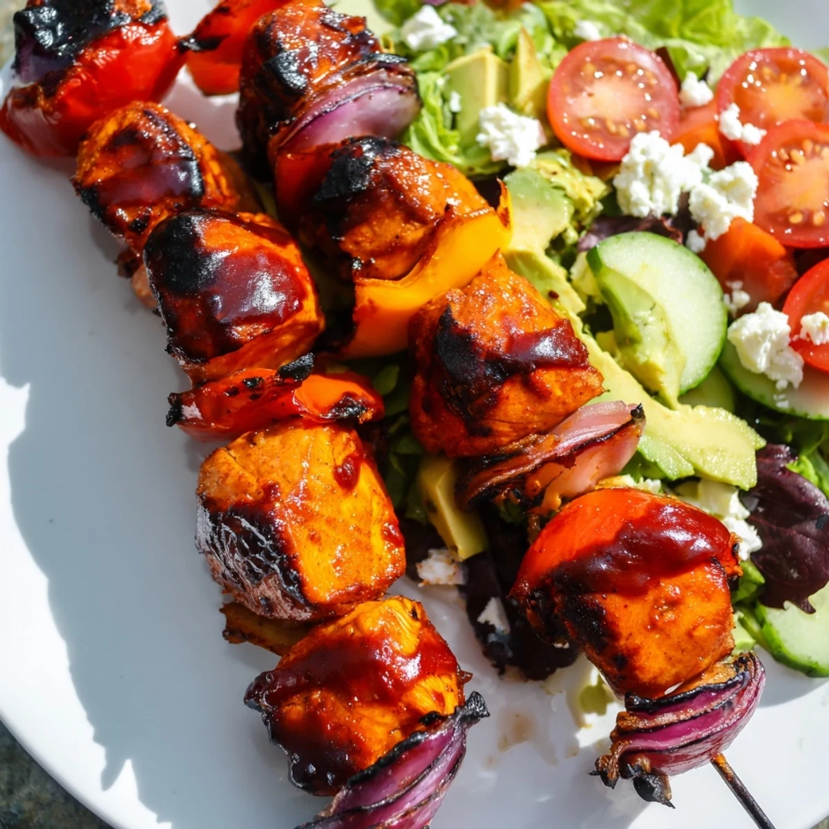 Grilled BBQ chicken skewer salad with colorful vegetables and creamy zesty dressing on a white plate