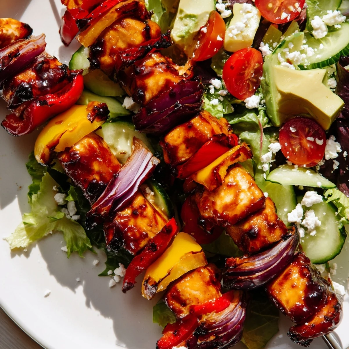 Summer BBQ chicken skewer salad plated with grilled peppers onions cucumber and vibrant drizzled dressing
