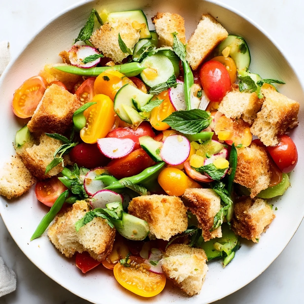 Golden toasted bread cubes tossed with crisp spring vegetables in a vibrant panzanella salad bowl