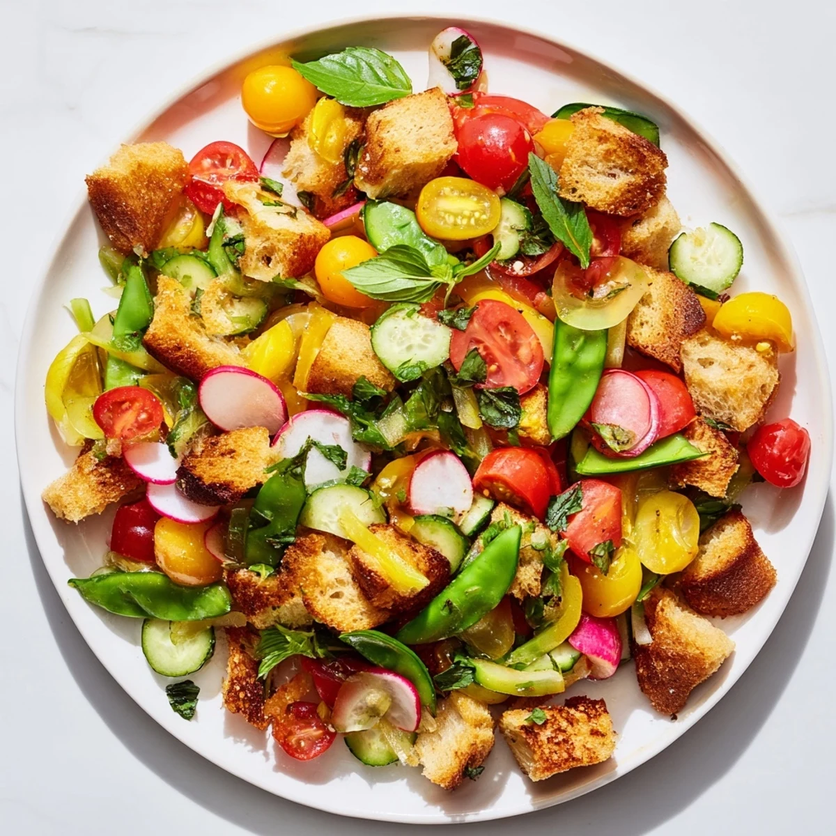 Fresh Italian panzanella featuring cherry tomatoes, cucumbers, radishes, and herbs on rustic wooden surface