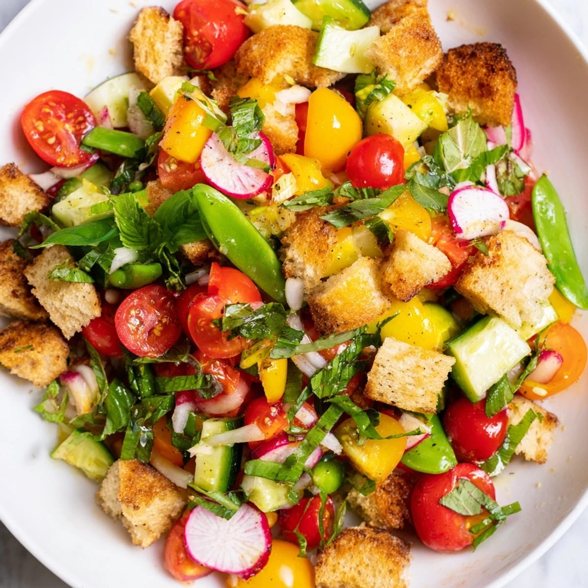 Colorful spring panzanella salad with crunchy croutons, snap peas, and aromatic fresh mint leaves