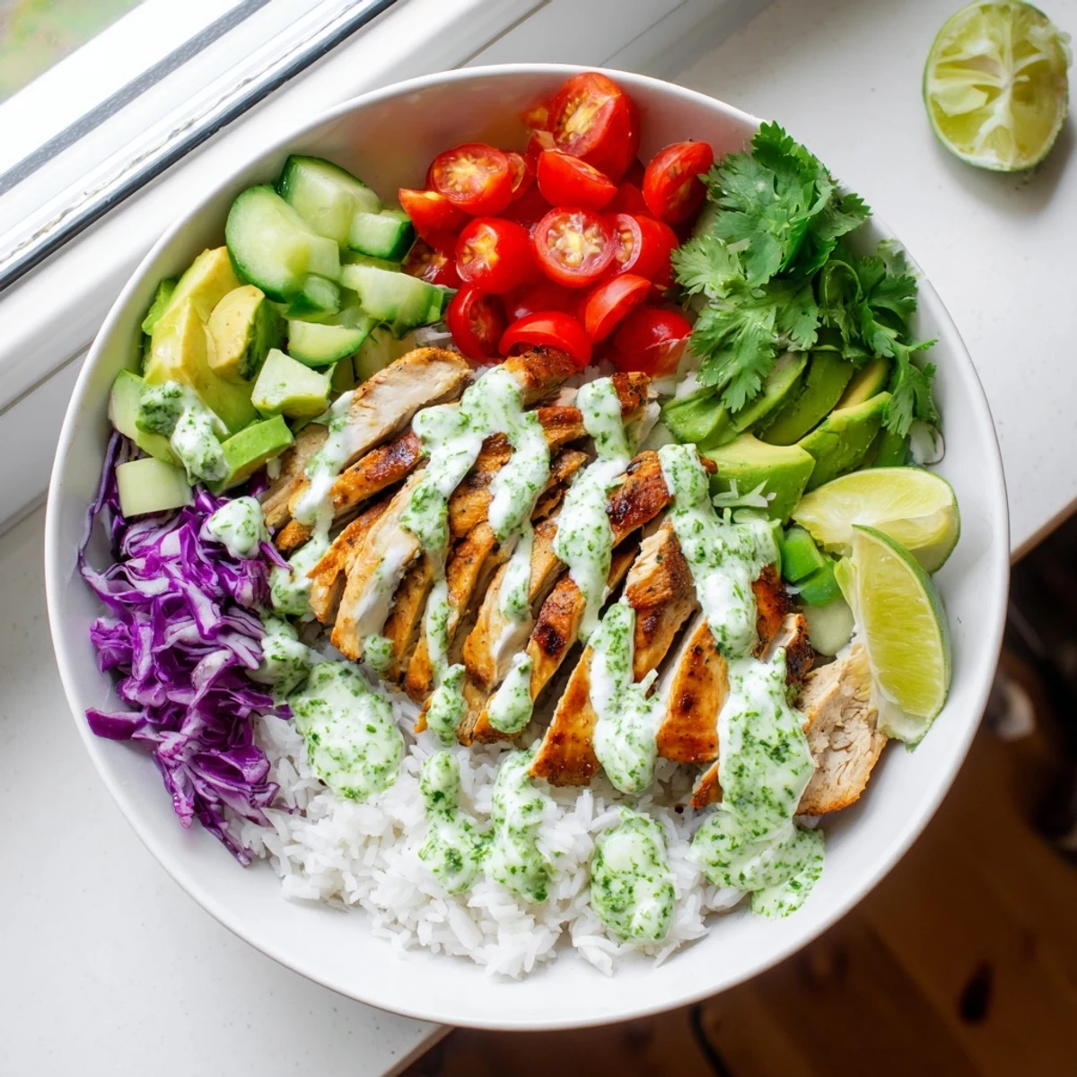 Chimichurri grilled chicken bowl featuring juicy marinated sliced chicken over fluffy rice with colorful fresh vegetables and creamy garlic sauce drizzle