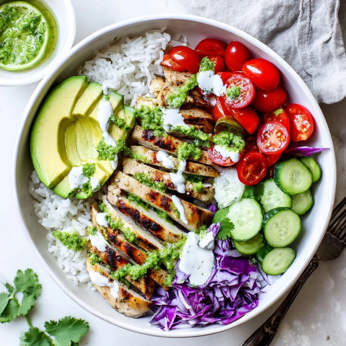 Latin American chimichurri grilled chicken bowl with herb marinated chicken fresh veggie toppings rice and homemade garlic sauce garnished with cilantro