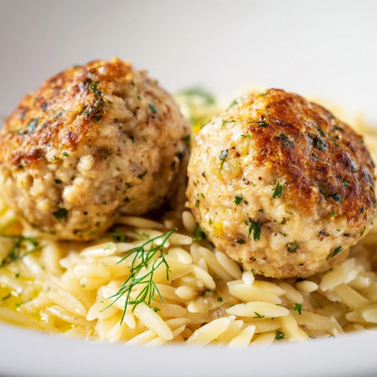 Golden Greek chicken meatballs nestled over bright lemon orzo with fresh dill garnish
