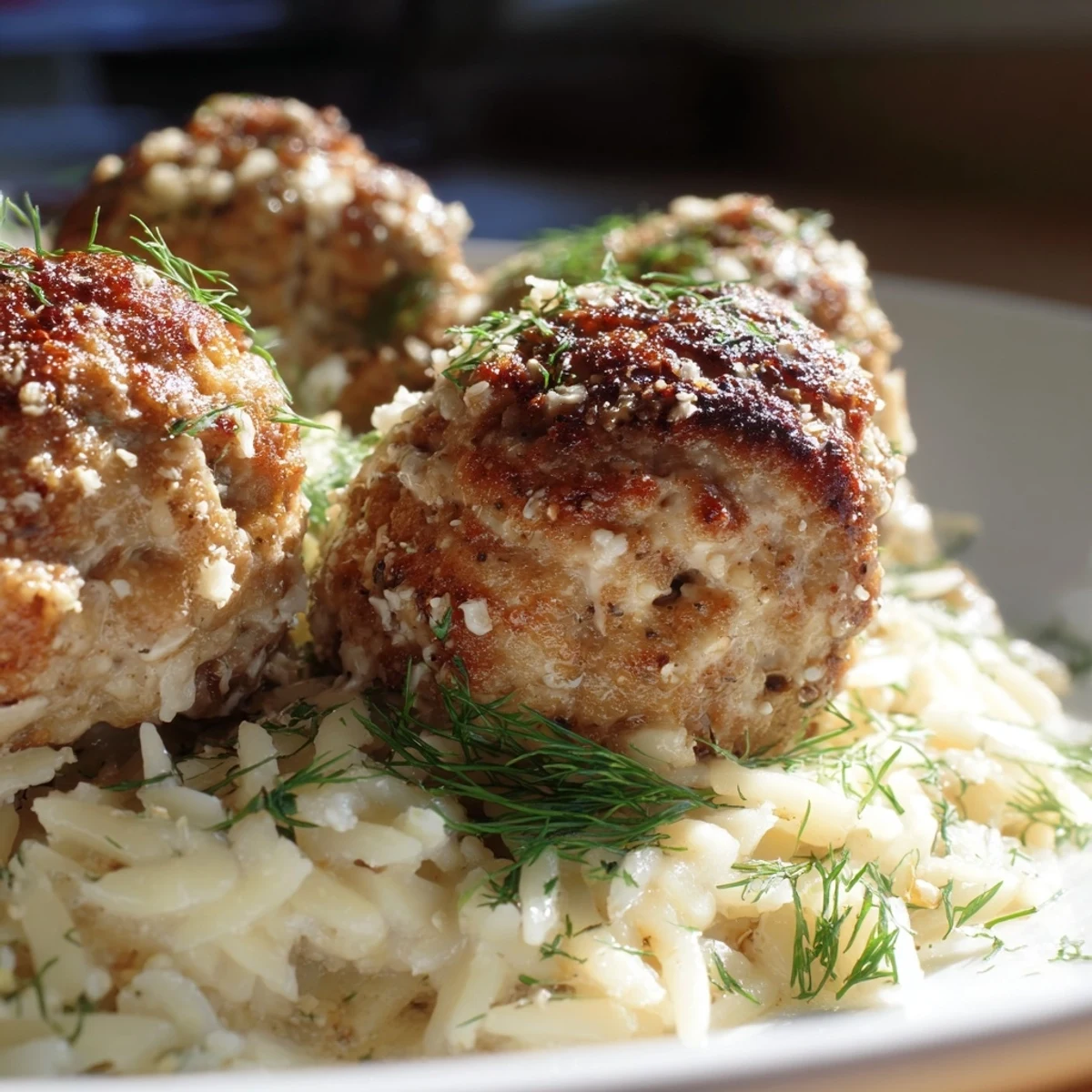 Pan-fried chicken meatballs with Mediterranean herbs atop creamy lemon garlic orzo pasta