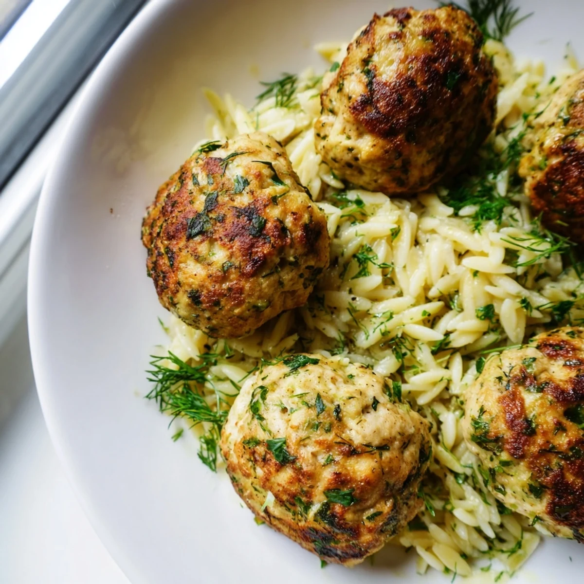 Juicy Greek chicken meatballs served on bed of tangy lemon orzo with herbs