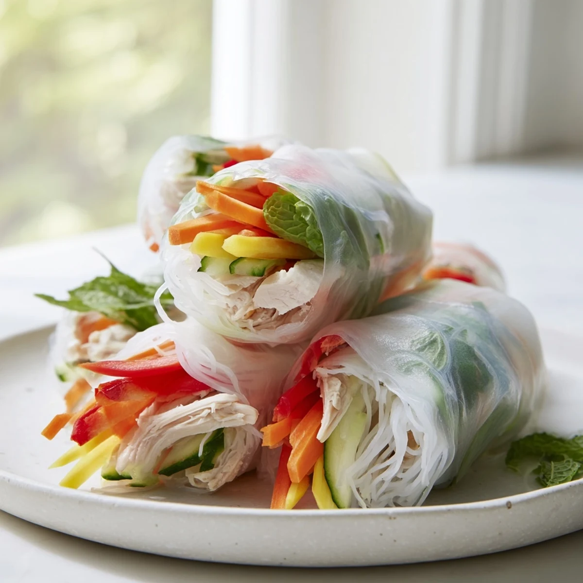 Vietnamese summer rolls with chicken featuring transparent rice paper wrapped around colorful vegetables and herbs