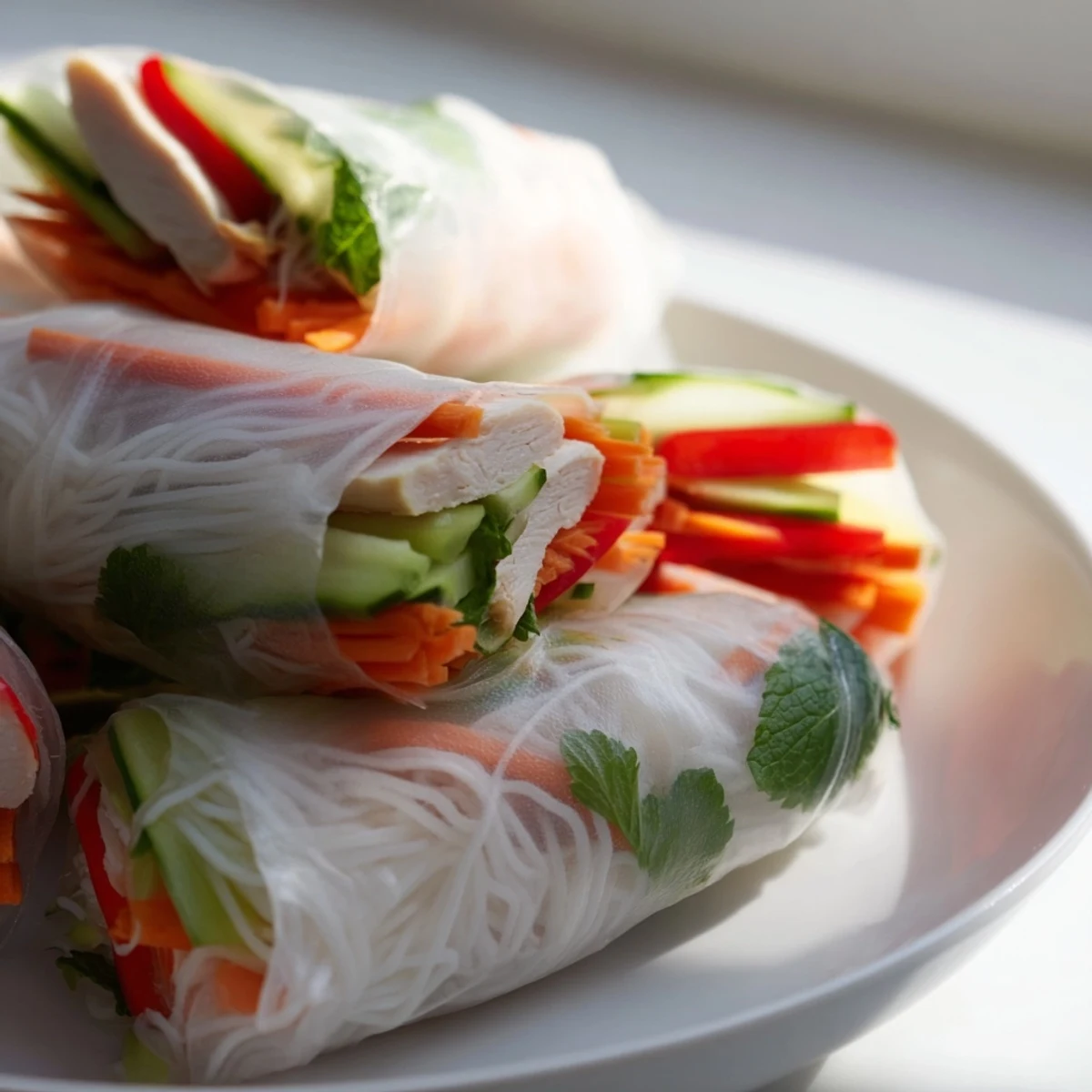 Close up of Vietnamese summer rolls with chicken displaying crisp vegetables and aromatic green herbs through translucent wrapper
