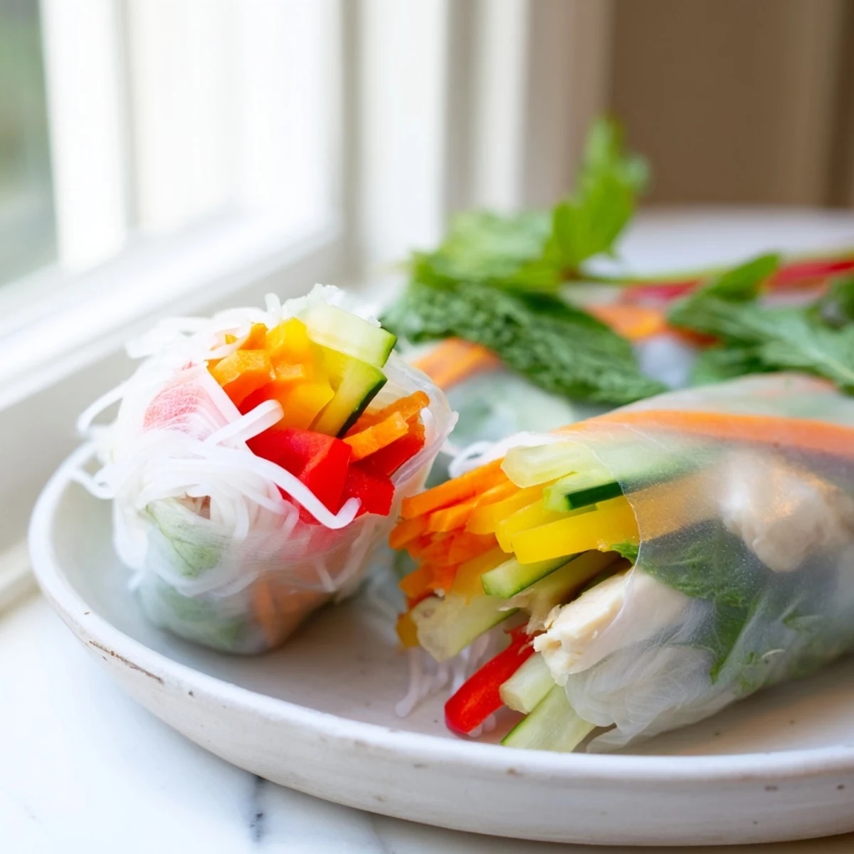 Fresh Vietnamese summer rolls with chicken served alongside creamy hoisin peanut dipping sauce