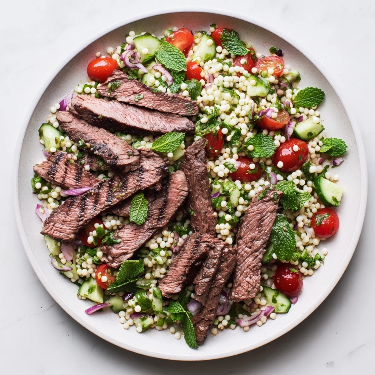Sliced grilled skirt steak arranged over a vibrant pearl couscous salad with fresh herbs and vegetables
