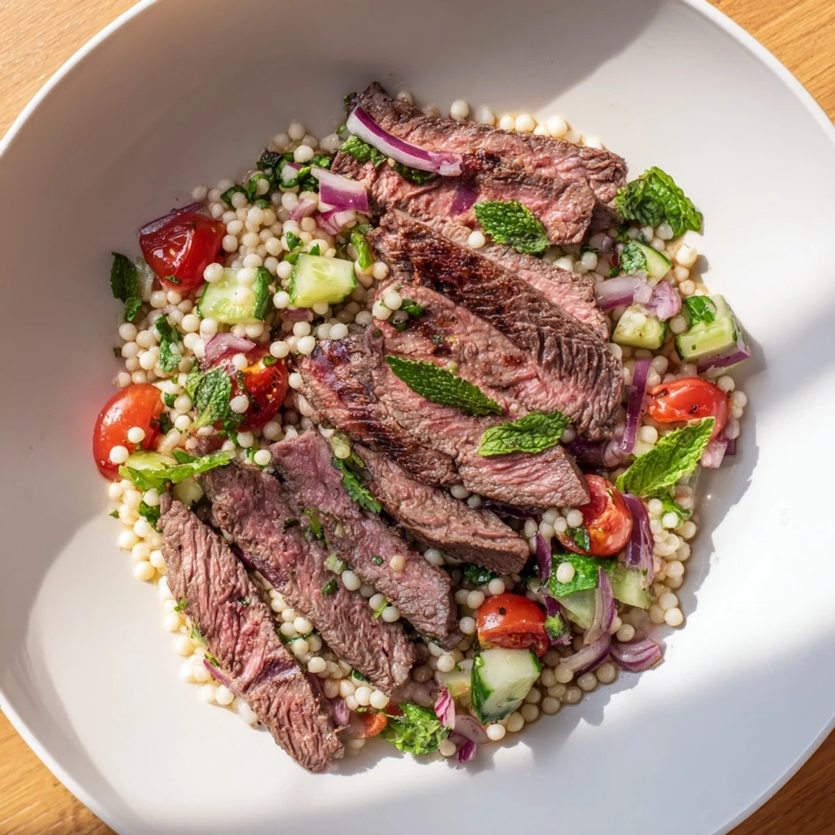 Perfectly grilled skirt steak plated with colorful pearl couscous salad featuring parsley, mint, and cherry tomatoes