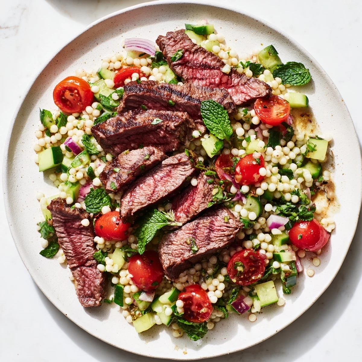 Juicy grilled skirt steak served atop a zesty Mediterranean pearl couscous salad with tomatoes and cucumber