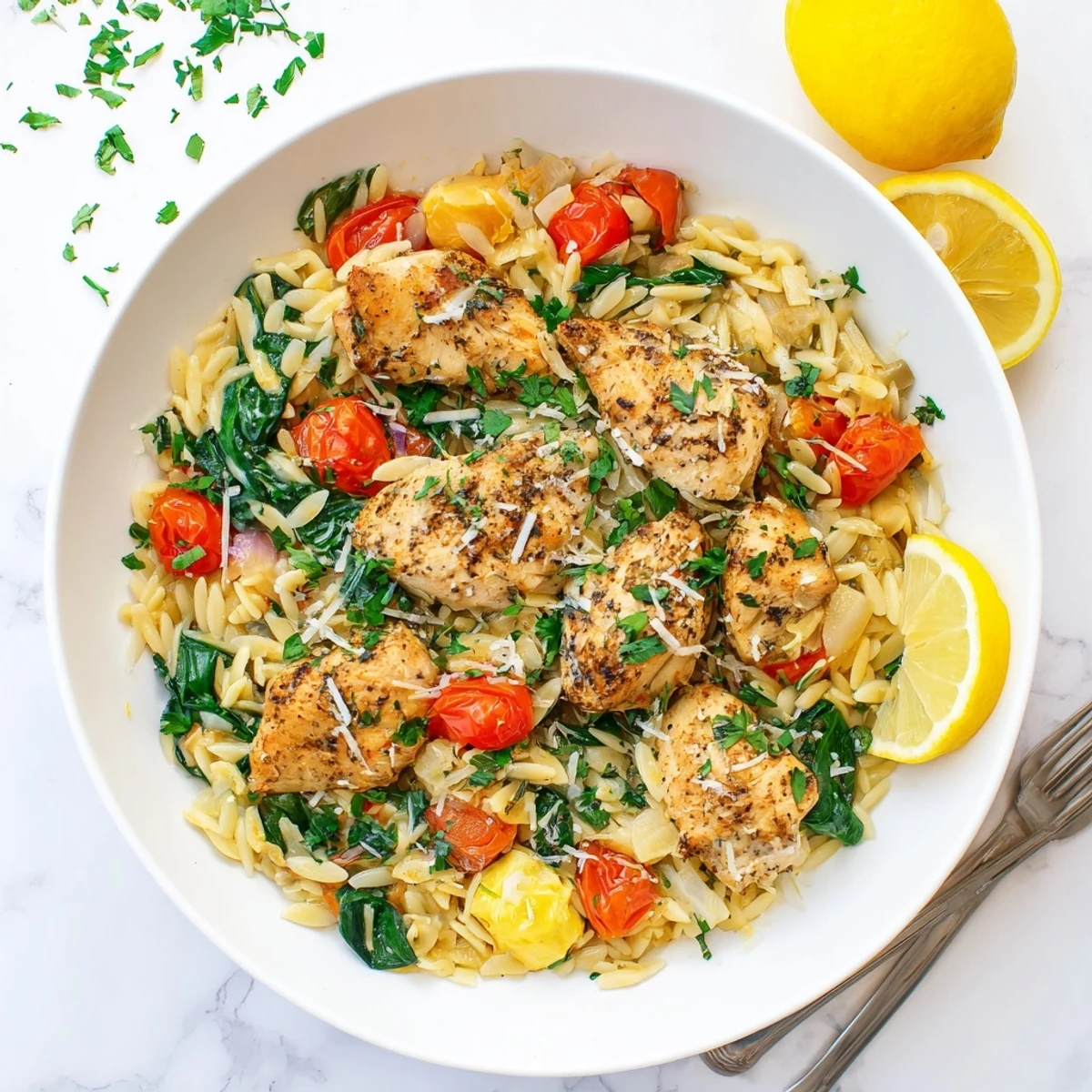 Golden seared chicken breasts nestled in creamy lemon herb orzo with bright cherry tomatoes and fresh spinach
