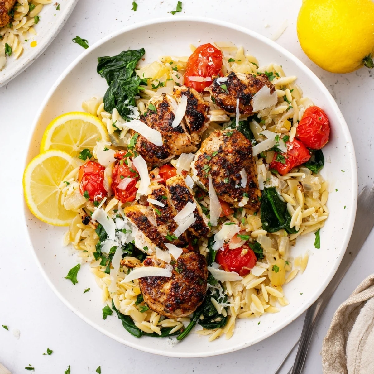 Family-friendly lemon herb chicken and orzo simmered in a single pan with juicy tomatoes and wilted greens