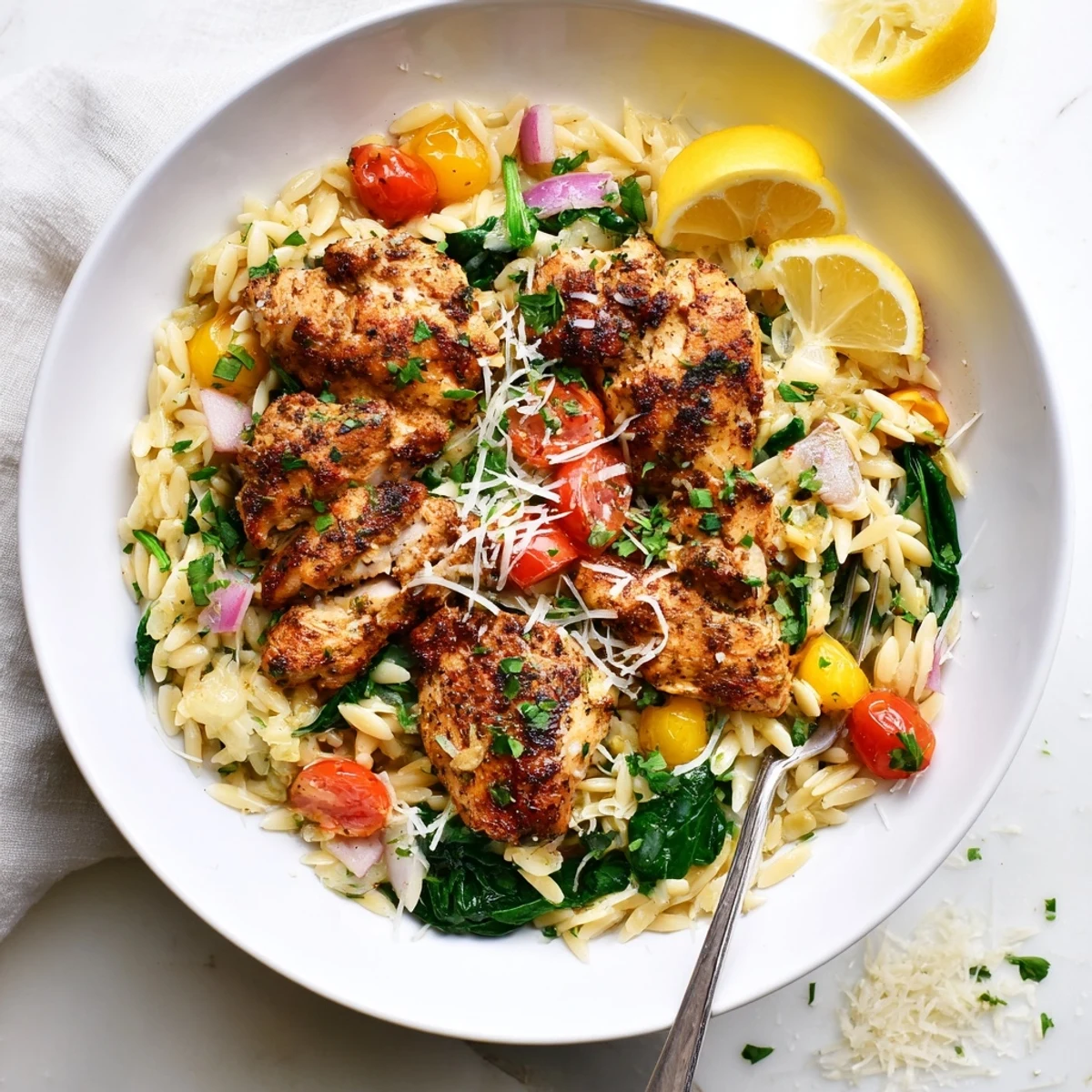 One skillet lemon herb chicken and orzo cooked to perfection with melted parmesan and tender pasta