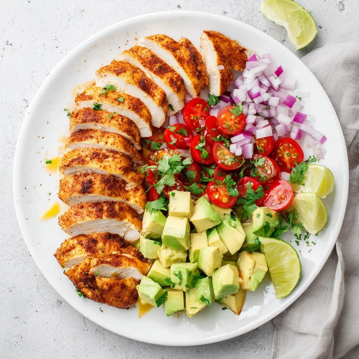 Golden pan-seared chicken breast slices atop fresh avocado salad drizzled with honey lime dressing