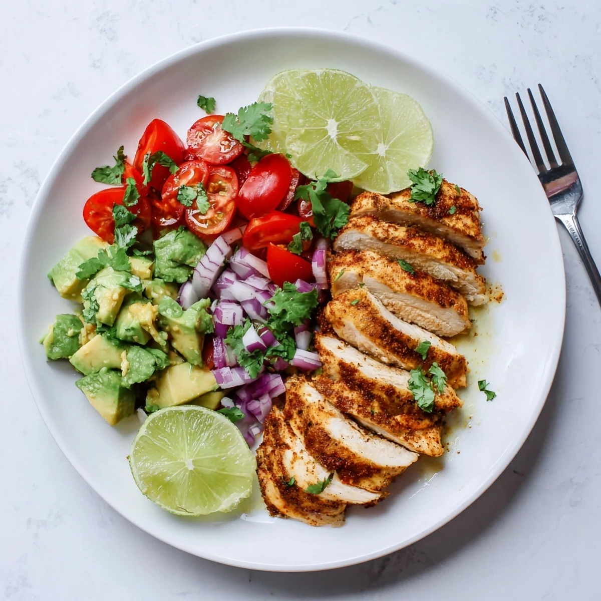 Zesty honey lime chicken breast with ripe avocado chunks and crisp vegetables in a bowl