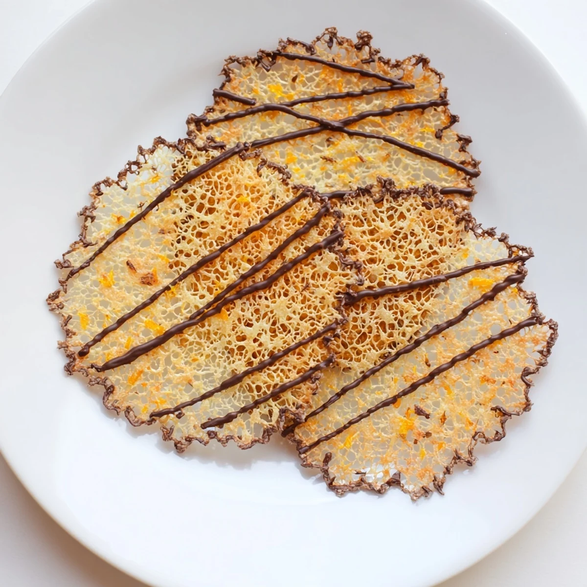 Golden brown crispy orange lace cookies spread thin on a baking sheet with delicate transparent edges
