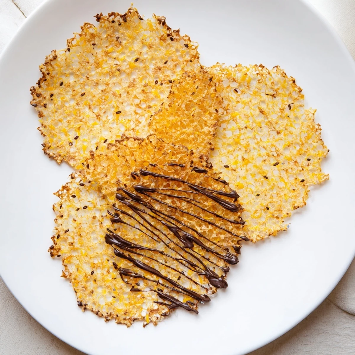 Stack of crispy orange lace cookies with dark chocolate drizzle on white plate ready for serving