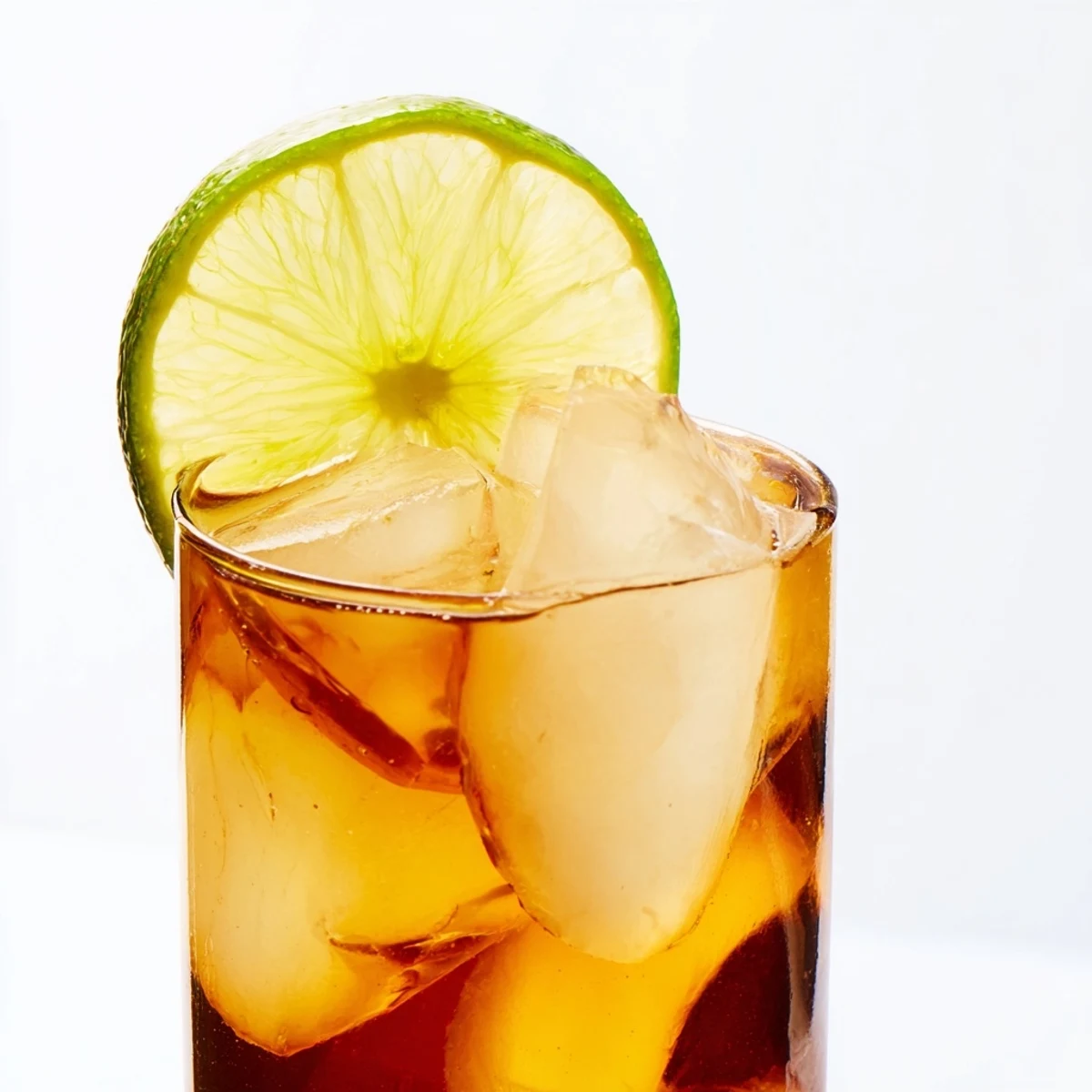 Golden amber Thai lime iced tea poured over ice cubes in clear glass