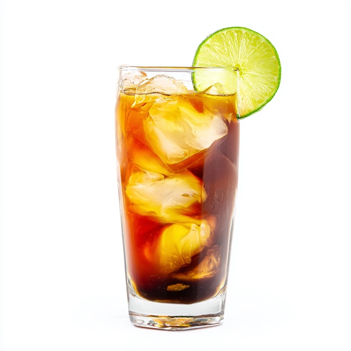 Tall glass of Thai lime iced tea garnished with fresh lime slice on ice