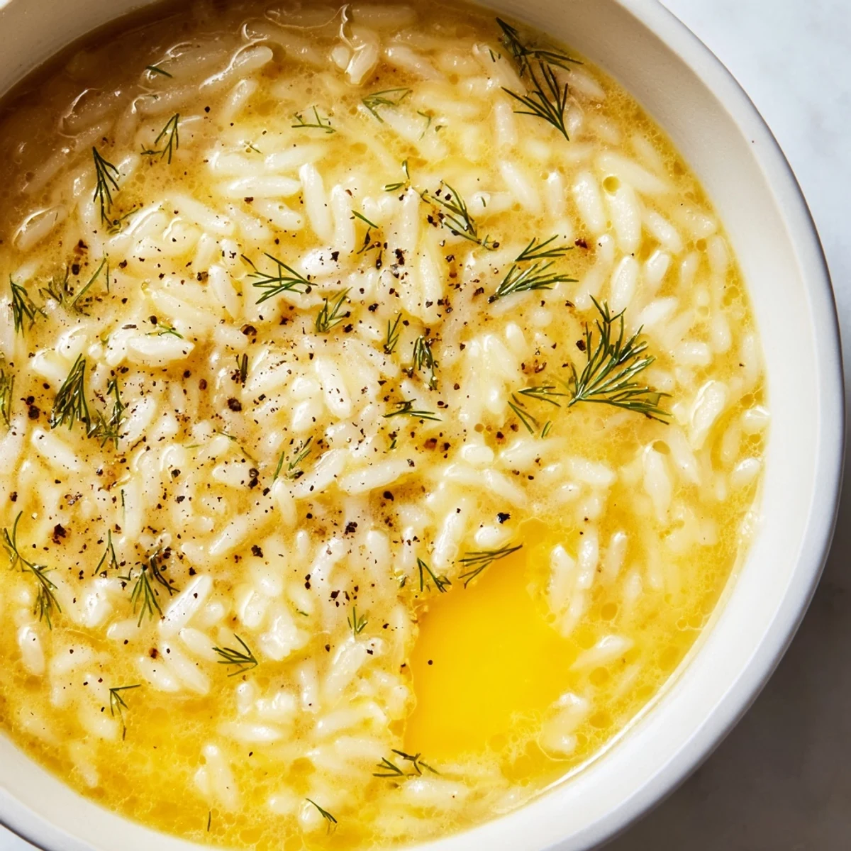 Classic Avgolemono soup served in white bowl showcasing silky smooth texture with vibrant lemon wedge on side