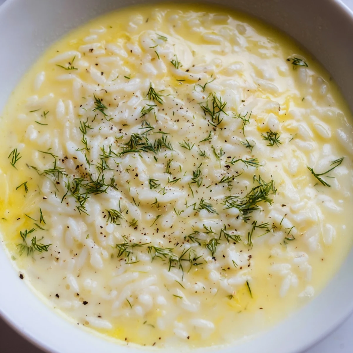 Creamy Greek egg and lemon soup featuring tender rice floating in golden broth with fresh dill garnish