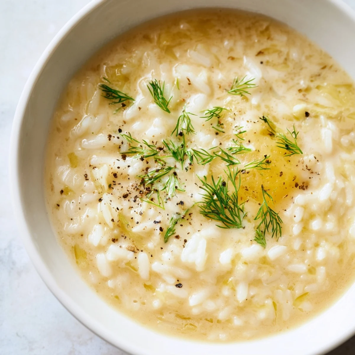 Comforting Greek egg and lemon soup with fluffy rice grains in rich savory broth ready to enjoy