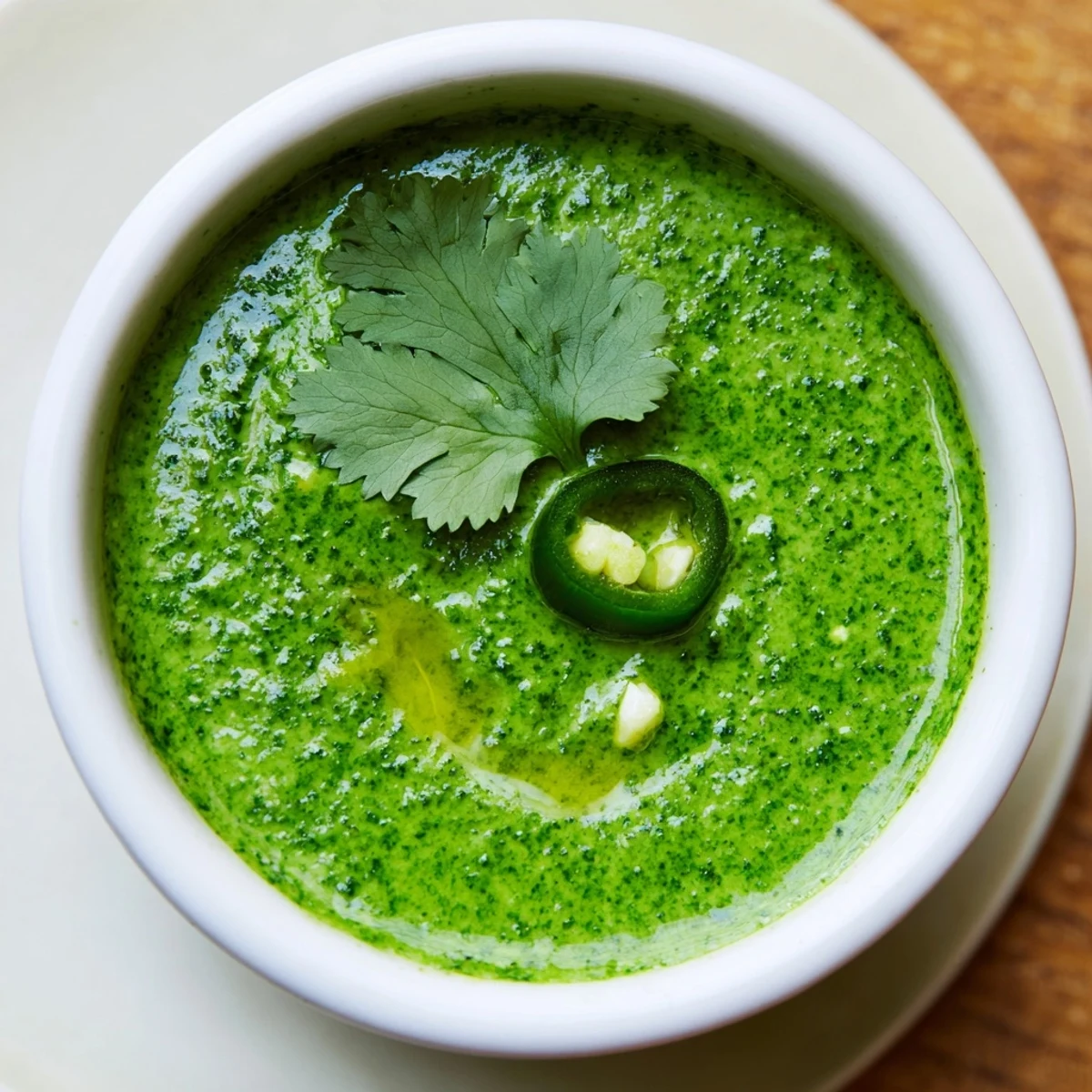 Small bowl of vibrant Thai cilantro sauce beside lime wedges and chopped vegetables
