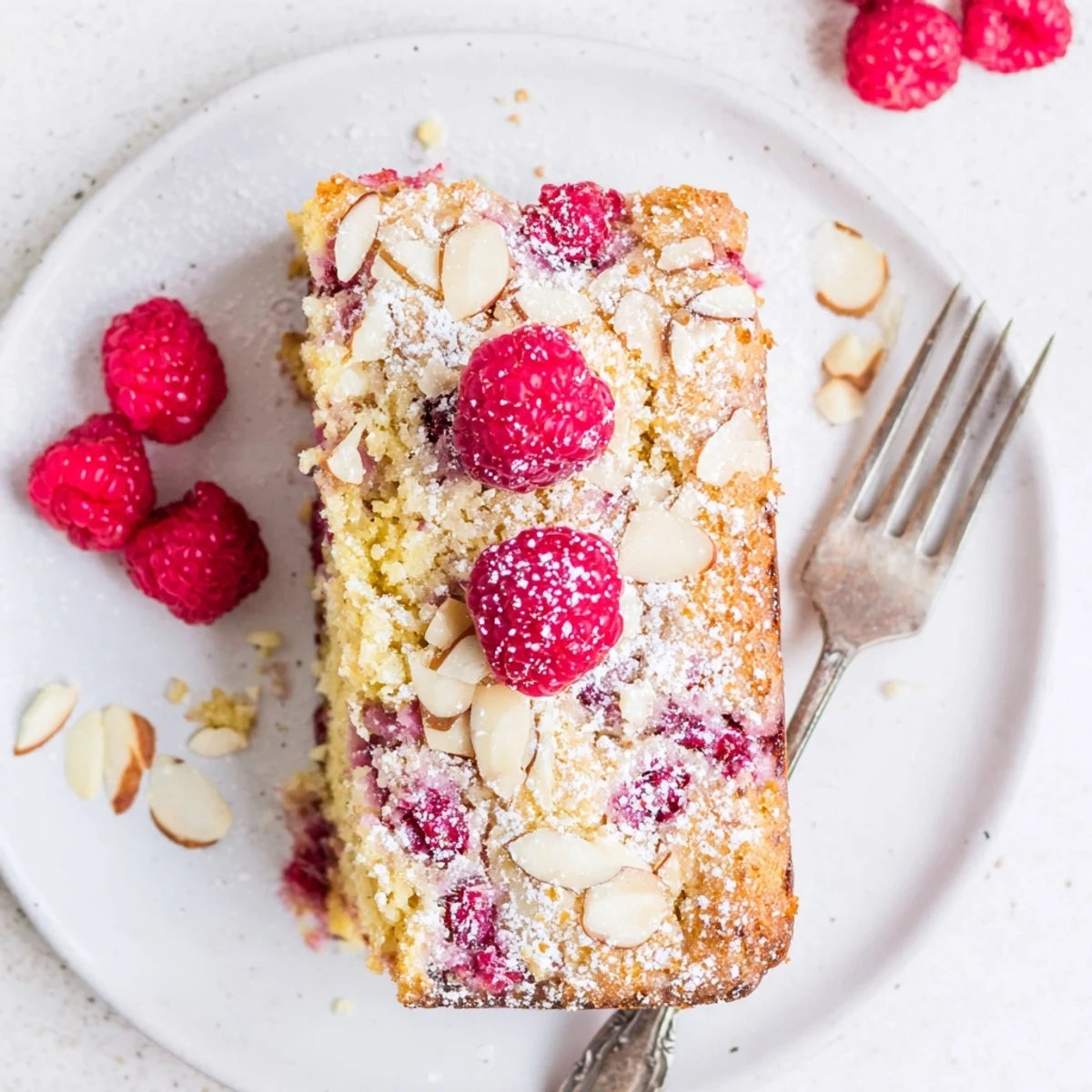 Golden almond raspberry cake slice dusted with powdered sugar and fresh red berries