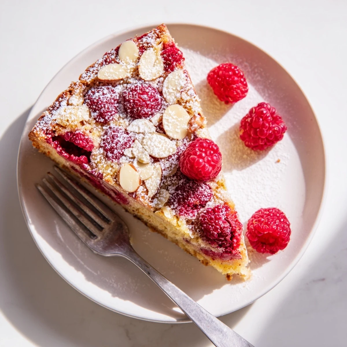Home-baked almond raspberry cake featuring plump juicy raspberries in a tender golden crumb