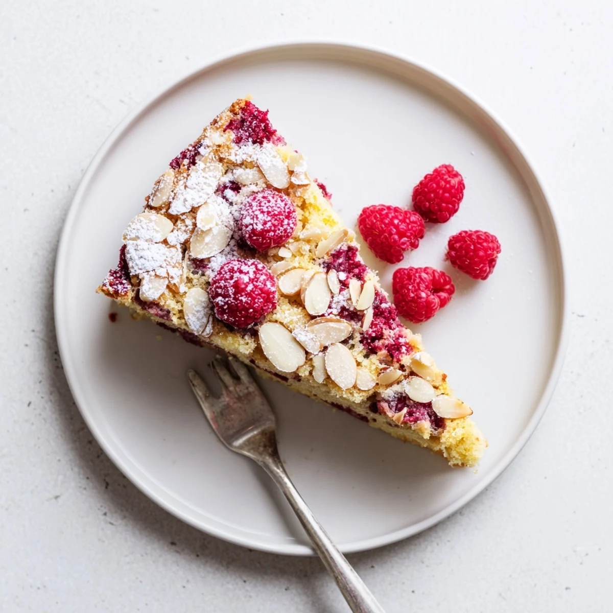 Moist almond raspberry cake topped with toasted sliced almonds and extra raspberries