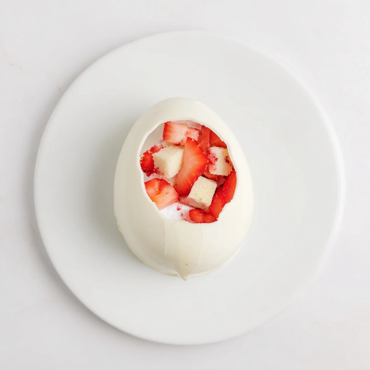 Festive white chocolate egg shells cracked open to reveal layers of sweet strawberries, vanilla whipped cream, and buttery pound cake shortcake filling.